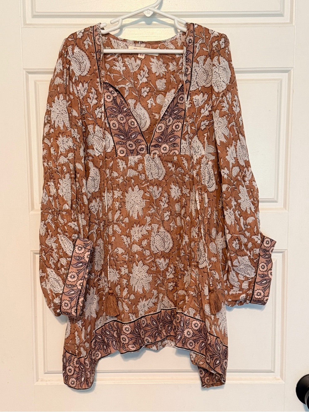 Boho Rust Floral V-Neck Tunic Blouse with Contrast Trim